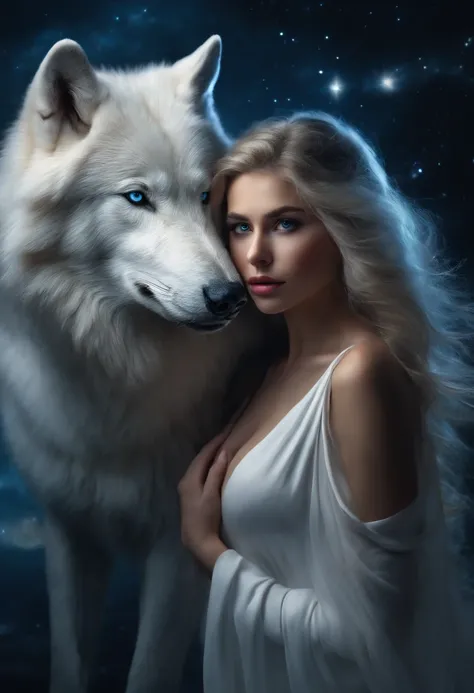 ((White wolf and girl)), (huge wolf), The white wolf&#39;s fur glows with silver sparks, (a huge white wolf guards a beautiful young girl), motion, running in front, forward bend, Venus de Milo, (NSFW), a goddess, blue eyes, (VERY Young Girl), (girl 16 yea...