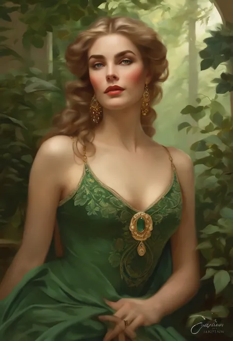 Painting of a beautiful and sexy woman, green eyes, ((with long medusa hair, falling over her shoulders)) and an embroidered dress, ((Spanish gypsy, from the Victorian Era)), ((Grace Kelly style )), wearing a low-cut green dress with a V-neck corset embroi...