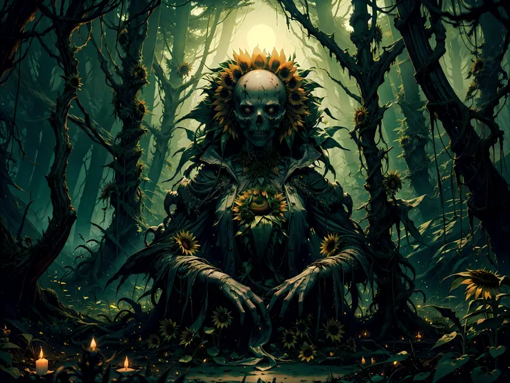 (masterpiece), super detail, best quality, ultra high res, highres, 8k, UHD, HDR, sunflower witch, undead, forest, undead forest, sunflower, candle