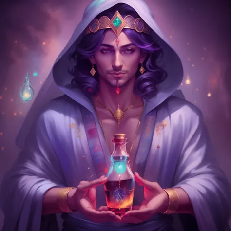 Image of a man, holding a bottle of liquid, Painting one health potion, charlie bowater rich deep colors, charlie bowater character art, fantastic oil, Genie Hybrid Man, skinny male fantasy alchemist, Healing potion, portrait of a mage, Close-up portrait o...