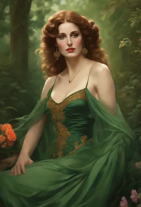 Painting of a beautiful and sexy woman, green eyes, ((with long medusa hair, falling over her shoulders)) and an embroidered dress, ((Spanish gypsy, from the Victorian Era)), ((Norma Shearer style)), wearing a low-cut green dress with a V-neck corset embro...