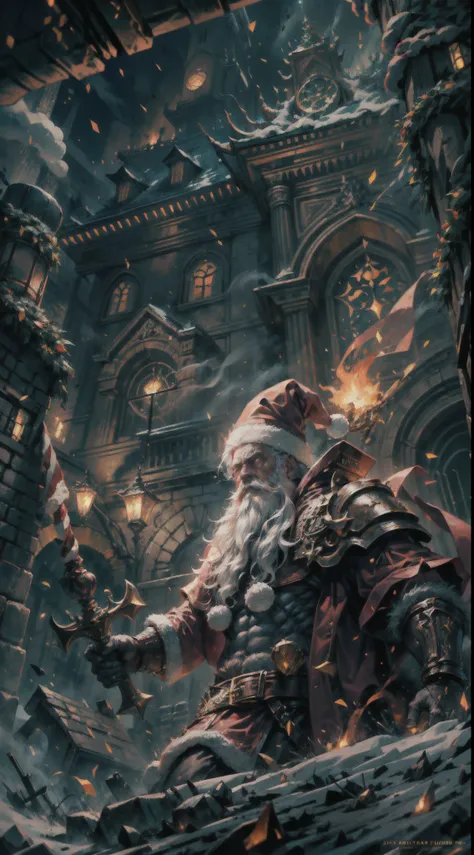 Full body,(a detailed artwork), Santa Claus as boss of game Dark Souls in the Christmas DLC, detailed eyes of Santa Claus, detailed lips of Santa Claus, extremely detailed face and beard, long white beard, muscular body of Santa Claus, wearing gold armor, ...