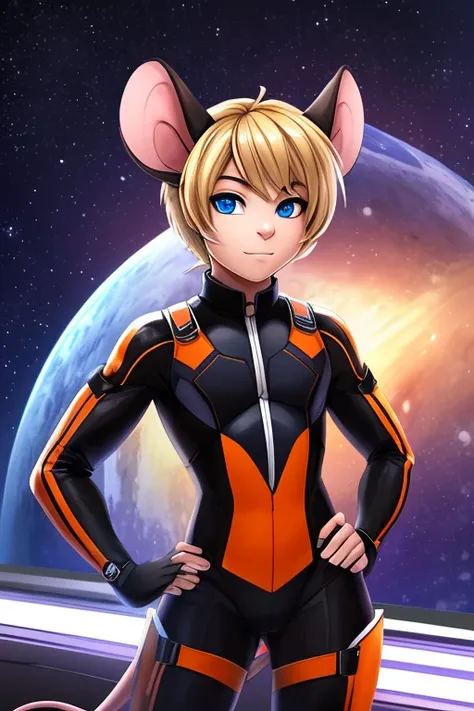 Mouse boy, Male with very feminine features, thin sexy feminine body with flat chest has mouse ears and mouse tail, dirty blonde hair and blue eyes. Dressed in orange and black sci-fi leather pilot outfit.
Setting: Space station