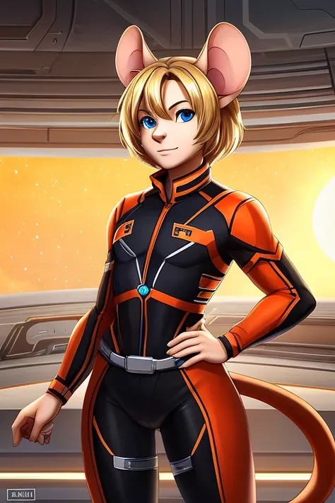 Mouse boy, Male with very feminine features, thin sexy feminine body with flat chest has mouse ears and mouse tail, dirty blonde hair and blue eyes. Dressed in orange and black sci-fi leather pilot outfit.
Setting: Space station