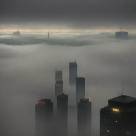 There is a photo of the city in the fog，birds eyes view。realistic sense，真实感，Cant see clearly，The world above the foggy city of London, Atmospheric establishing shot, Rendered by Octane. dense fog, dense volumetric fog, rainy days, hanging over a city, deta...