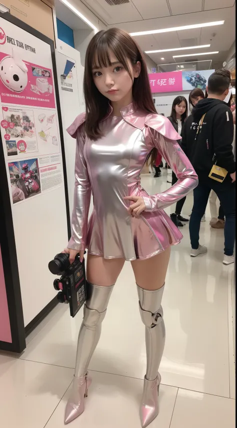 Robot Girl, pink there, Silver, Metallic body, Robot Parts, Metal Parts, Super Detailed Face, Super well-formed face, of the highest quality, a small face, small head, Brown hair, Slender body, Camera gaze, Internal Mechanical Exposure, Idol, front facing,...