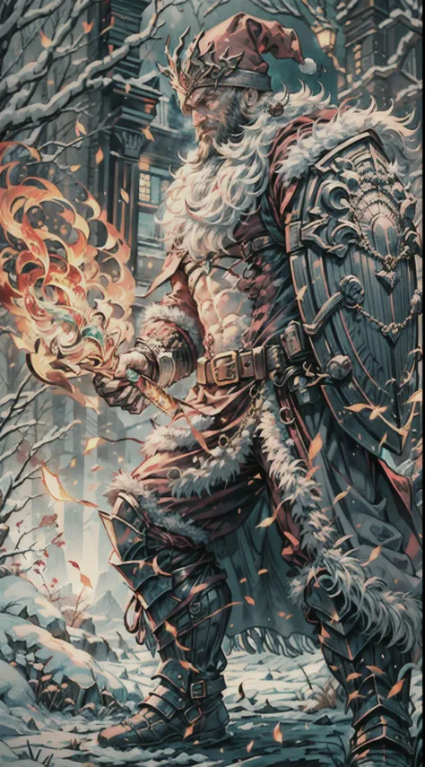 Full body image of Santa Claus as the boss of the game "Dark Souls" in the Christmas DLC,best quality,4k,8k,highres,masterpiece:1.2,ultra-detailed,realistic:1.37,[HDR],[UHD],[studio lighting],extremely detailed face,beautiful detailed eyes,beautiful detail...