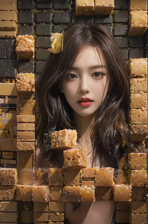 Create a unique composition featuring a 28 year old woman with tousled brunette hair。。. Use large amounts of square blocks in unconventional arrangements. Feel free to consider unrealistic approaches in your artwork.