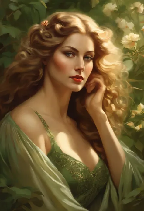 Painting of a beautiful and sexy woman, green eyes, ((with long medusa hair, falling over her shoulders)) and an embroidered dress, ((Spanish gypsy, from the Victorian Era)), ((Lana turner style)), wearing a dress with a V-neck corset and embroidery, in th...