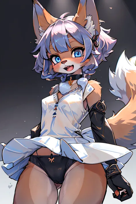 blue eyes, perfect face, beautiful body, open mouth,  fox ears, fox girl, furry,  animal nose, choker, one tail,  suggestive pose, female furry mini cute style, holo a wolf girl, holo if a wolf girl, furry, Camel toe very obvious, The nipple contour pronou...