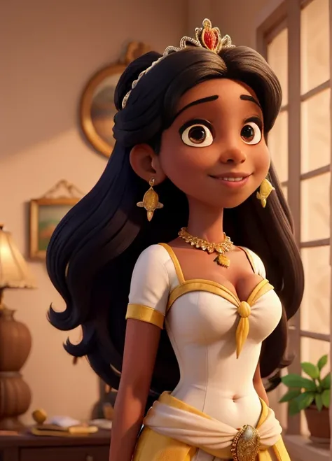 Obra-prima, melhor qualidade, um close up de uma garota morena parecida com a princesa Jasmine com cabelo preto solto e blusa larga