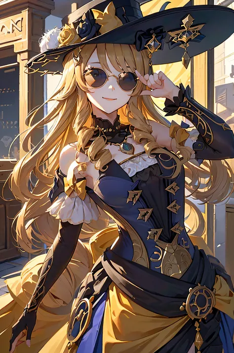 (hyper detailed background, top-quality、4k、wear a big hat、golden hair、wear sunglasses、touch your black sunglasses with your righ...