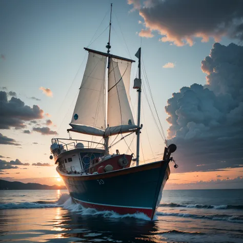 a single small fishing boat sailing into a clam and empty bay at dusk