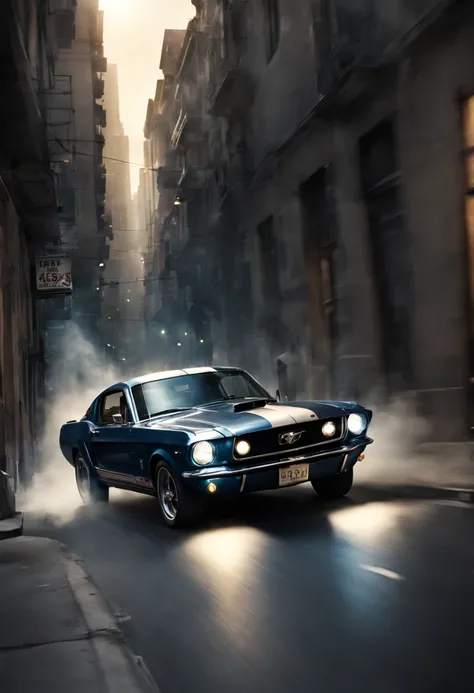 High-Speed Pursuit: John drives his Mustang, initiating a high-speed chase.
Through the City: The chase weaves through narrow city streets, John skillfully maneuvering his car while the gang follows closely, night, cinematic, lens flare, good angle,