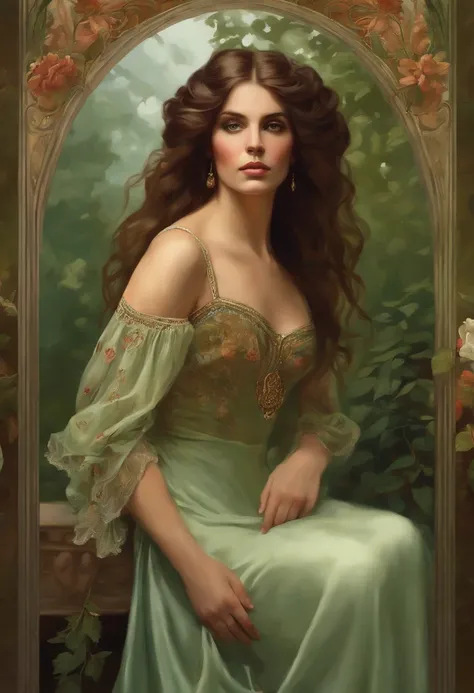 Painting of a beautiful and sexy woman, green eyes, ((with long medusa hair, falling over her shoulders)) and an embroidered dress, ((Spanish gypsy, from the Victorian Era)), ((Lana Del Rey style)), wearing a dress with a V-neck corset and embroidery, in t...