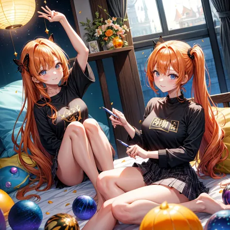 Orange hair、poneyTail、verd s eyes、one good looking girl、独奏、animesque、lightly dressed、Plaid miniskirt、a black T-shirt、fullmoon、Meteor swarm、large tree、Glittering starry sky、rainbow butterfly flying、Colorful marbles、sitting on、golden castle、flower petals、thr...