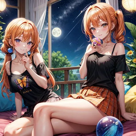 Orange hair、poneyTail、verd s eyes、one good looking girl、独奏、animesque、lightly dressed、Plaid miniskirt、a black T-shirt、fullmoon、Meteor swarm、large tree、Glittering starry sky、rainbow butterfly flying、Colorful marbles、sitting on、golden castle、flower petals、thr...