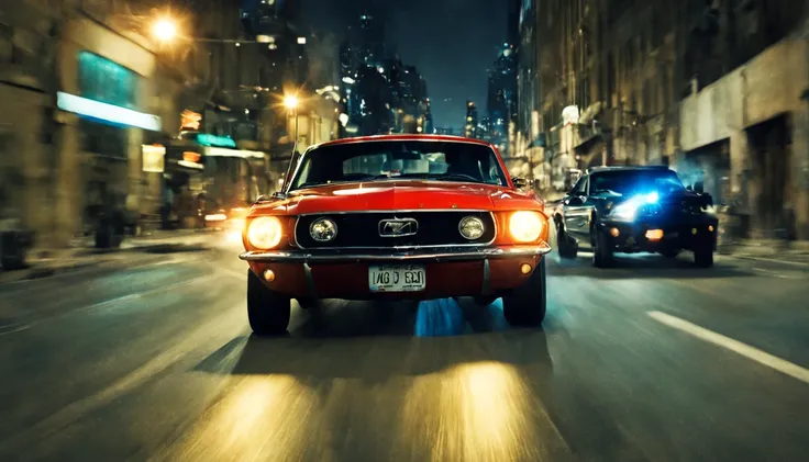 High-Speed Pursuit: John drives his Mustang, initiating a high-speed chase.
Through the City: The chase weaves through narrow city streets, John skillfully maneuvering his car while the gang follows closely, night, cinematic, lens flare, good angle,