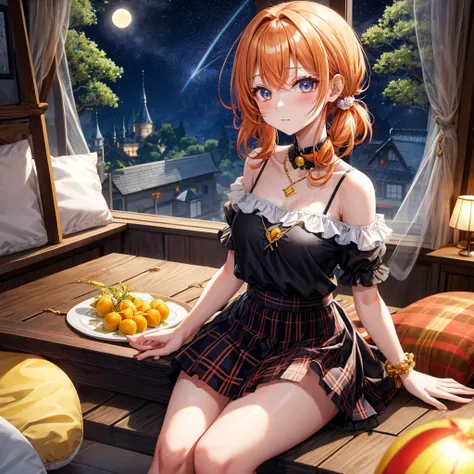 Orange hair、poneyTail、verd s eyes、one good looking girl、独奏、animesque、lightly dressed、Plaid miniskirt、a black T-shirt、fullmoon、Meteor swarm、large tree、Glittering starry sky、rainbow butterfly flying、Colorful marbles、sitting on、golden castle、flower petals、thr...