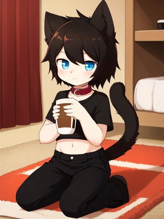 Young cat on carpet in room，With a cup of coffee in his hand，Cat ears，collars，The tail is in the right place，Kneeling，Black short sleeves+shorter pants