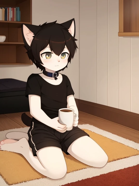 Young white cat on carpet in room，With a cup of coffee in his hand，Cat ears，collars，The tail is in the right place，Kneeling，Black short sleeves+shorter pants