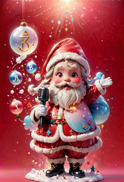 chalk gray style, ((1 glowing magical cute Santa Claus))，((Singing with a microphone)), ((Syllable symbols floating in the air))，christmas ornaments, glittery, Floating particles，Snowy days，red gradient background, 8K, Irridescent color, kawaii, cute big b...