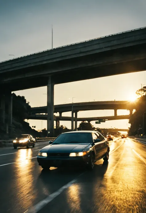 Onto the Freeway: John enters a busy freeway, the gang hot on his trail.
Dangerous Maneuvers: John navigates through traffic, narrowly avoiding collisions and utilizing his driving skills to evade the gangs attempts to corner him, night, cinematic, lens fl...