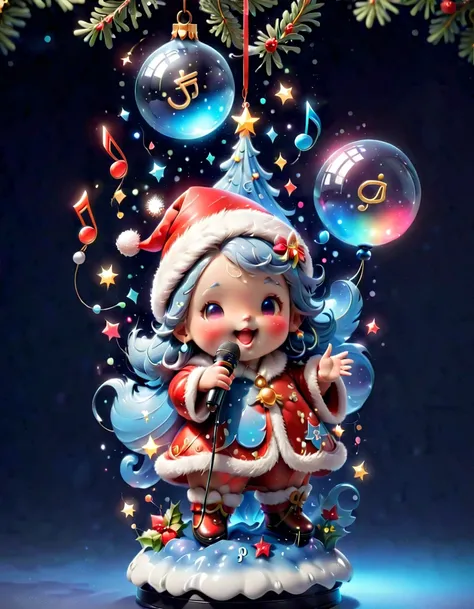 chalk gray style, ((1 glowing magical cute Santa Claus))，((Singing with a microphone)), ((Syllable symbols floating in the air))，christmas ornaments, glittery, Floating particles，yuki，blue-sky, 8K, Irridescent color, kawaii, cute big breasts, number art, h...