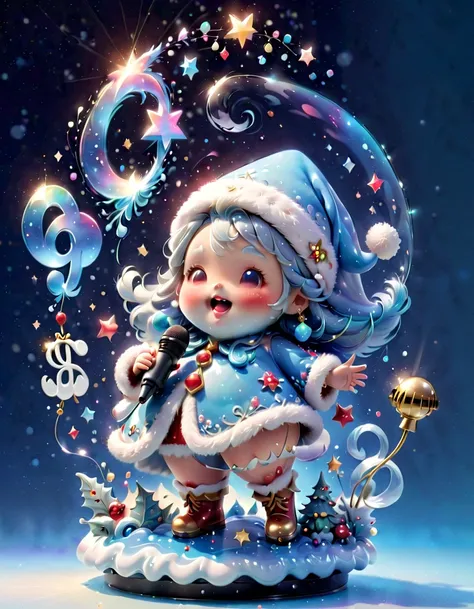 chalk gray style, ((1 glowing magical cute santa claus))，((singing with a microphone)), ((syllable symbols floating in the air))...