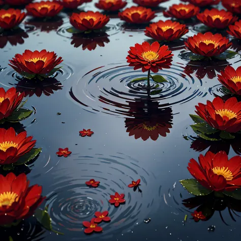 Red flower, beautiful, dark and blurred background, focus on flower, reflection of flower on ground, rain, masterpiece