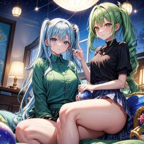 Blue-green hair、poneyTail、verd s eyes、one good looking girl、独奏、animesque、lightly dressed、Plaid miniskirt、a black T-shirt、fullmoon、Meteor swarm、large tree、Glittering starry sky、rainbow butterfly flying、Colorful marbles、sitting on、golden castle、flower petals...