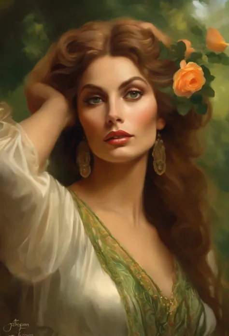 Painting of a beautiful and sexy woman, green eyes, ((with long medusa hair, falling over her shoulders)) and an embroidered dress, ((Spanish gypsy, from the Victorian Era)), ((Sophia Loren style)), wearing a dress with a corset and embroidery, in the back...