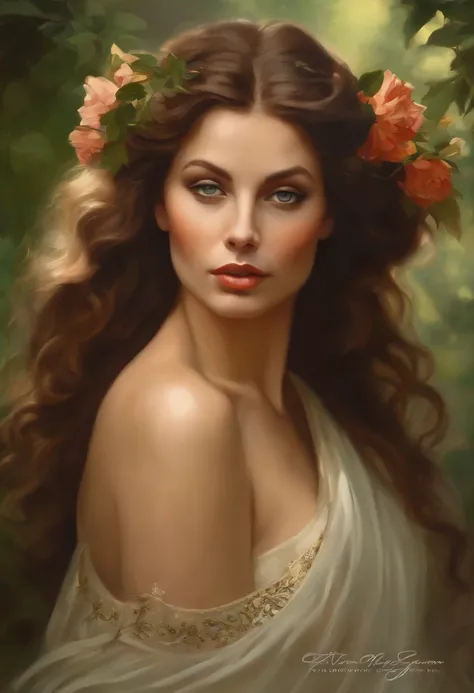 Painting of a beautiful and sexy woman, green eyes, ((with long medusa hair, falling over her shoulders)) and an embroidered dress, ((Spanish gypsy, from the Victorian Era)), ((Sophia Loren style)), wearing a dress with a corset and embroidery, in the back...