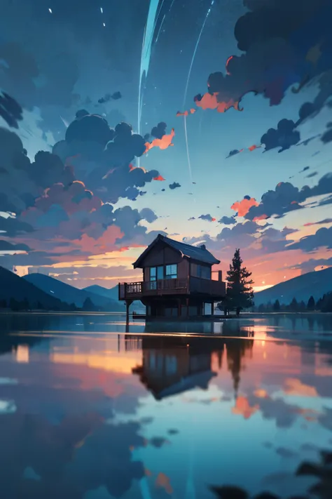 wide view (anime scene) a cabin inside a turquoise lake surrounded  by mountains in pine forest, reflection, dark, cloudy sky, night, no human, masterpiece, beautiful color palette