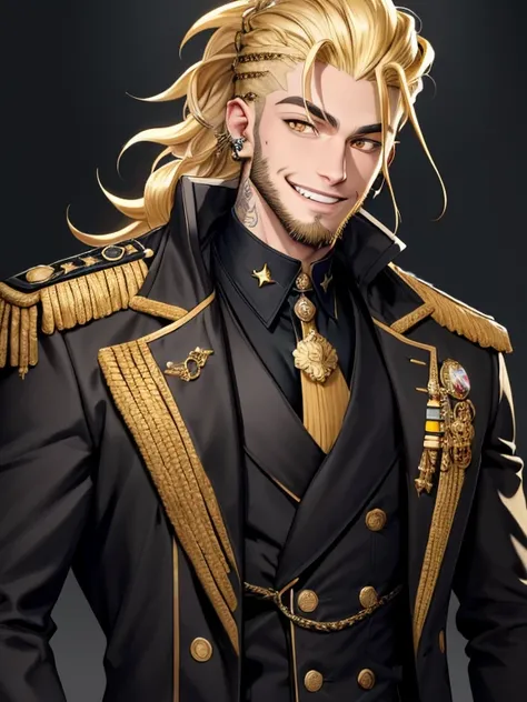 1 Human Man, blonde mane-like hair, gold eyes, neck tattoo, smiling, show teeth, eyebrow piercing, ear piercings, beard stubble, black and gold military coat, fit clothes, military general, night, high res, 8k, masterpiece, looking at viewer