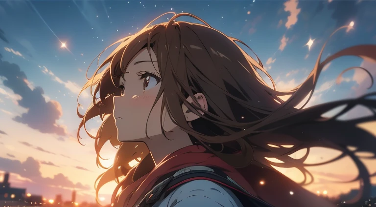 Anime style, 1womanl, brown haired, looking away from camera, Looking up at the sky, Calm, Soft dramatic lighting, depth of fields, Bokeh, vibrant detail, hyper realisitic, (Natural skin texture Vibrant details, hyper realisitic)