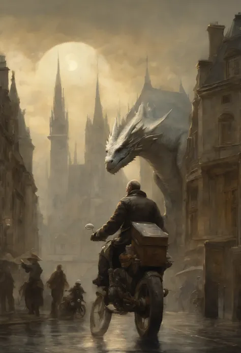 真实感, dark fantasy style, John Tolkien style, Small painting by Jean-Baptiste Monge, large white dragon with a golden crest - boy, anatomically correctly drawn body, Looks like an ancient dragon, In a short black leather jacket....., Jeans, Standing next to...