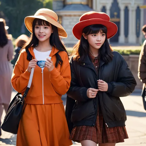 Two Girls Wearing Hats in Disney Pixar Movies。The background is a shrine。gathered in the middle。The girl on the left is wearing a black hat and a black down jacket over a red hoodie, and is holding a piece near her face with her left hand.。The girl on the ...