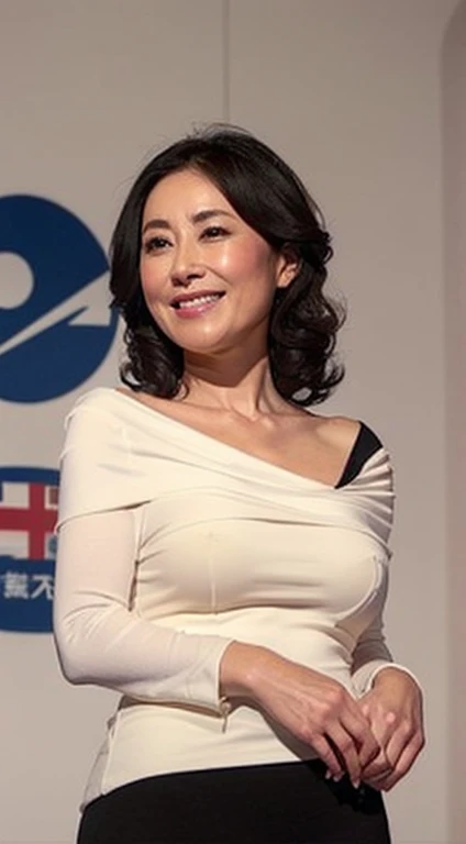 japanese mature, (Solo), 50 years old, (Wrinkles at the corners of the eyes:1.2), Large breasts, A MILF, glamor, A sexy, Chromo-white skin, Wavy Longhair, Looking at Viewer、Super large udder、Wearing a white knit off-shoulder dress、Tight fit knit dress Cheu...