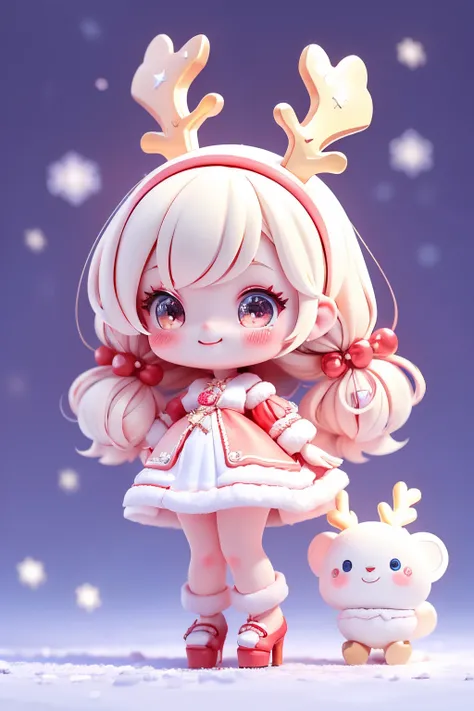 Cute girl doll dressed as a reindeer, smiling, chibi doll, stars in eyes (sparkles), eye up, laughing together, cute red shoe oconitide, ultra detail, radiant, bioluminescent, shot from the side, stronger bokeh effect, snowflake,