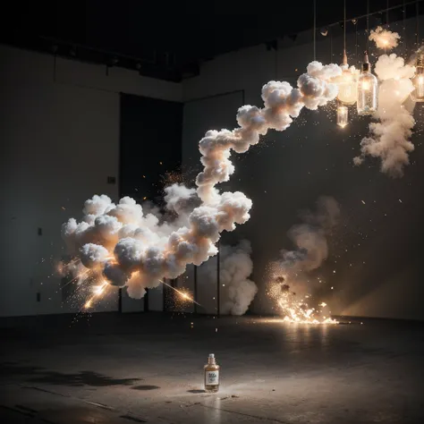 Commercial photography, powerful explosion of white glitter and smoke, bailando brand, men&#39;s cologne, clear bottle, white lighting, studio light, 8k octane rendering, high resolution photography, insanely detailed, fine details, isolated plain, stock p...