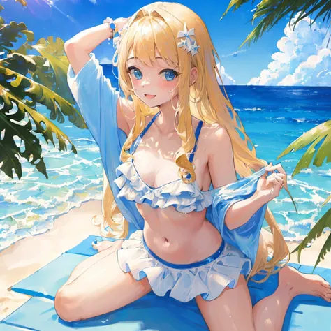 happy,(((masterpiece))),best quality,bathing suit,Beach,((blue sky)),(wariza:1.3),from above,(beautiful detailed girl),long hair,swept bangs,blond hair, (1 girl),hand in own hair,looking up,white frill bikini top