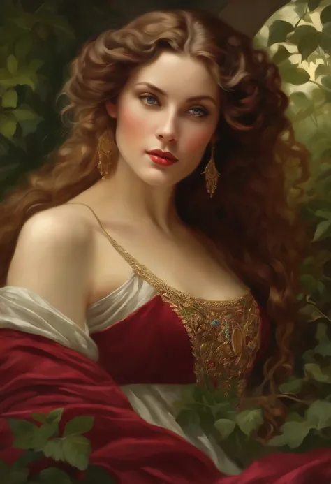 Painting of a beautiful and sexy woman, green eyes, ((with long medusa hair, falling over her shoulders)) and an embroidered dress, ((Spanish gypsy, from the Victorian Era)), ((Vivien Leigh style)), wearing a burgundy dress with a black V-neck corset and e...