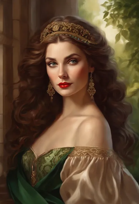 Painting of a beautiful and sexy woman, green eyes, ((with long medusa hair, falling over her shoulders)) and an embroidered dress, ((Spanish gypsy, from the Victorian Era)), ((Vivien Leigh style)), wearing a burgundy dress with a black V-neck corset and e...