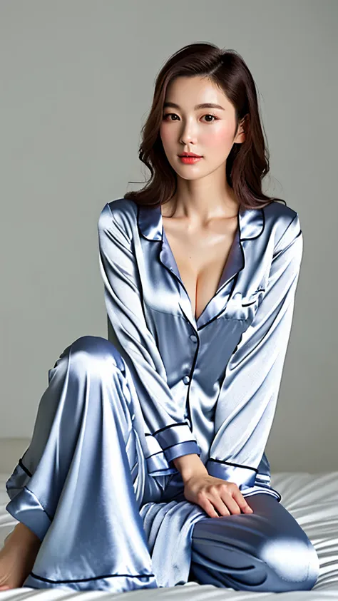 Best quality, best image quality, highest resolution, super detailed, wearing satin pajamas, the material of satin pajamas is shiny, soft and smooth to the touch, no underwear is worn, Chest is C cup, Japan fashion model, full body shot so that the face is...