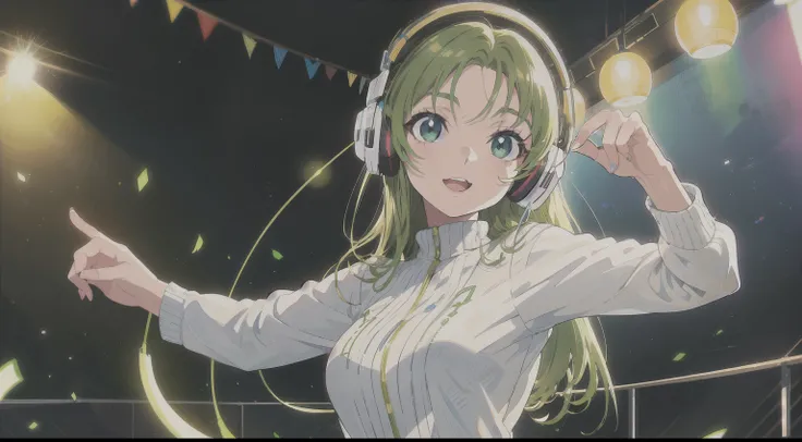 ((best quality)), ((master part)), (circunstanciado), rosto perfeito, 1 menina olhando para a tela, olhos verdes claros, clima de festa, Dancing happily, girl with headphones listening to music, fundo com cores RGB, cabelos brancos, Photo Studio, Anime 2D