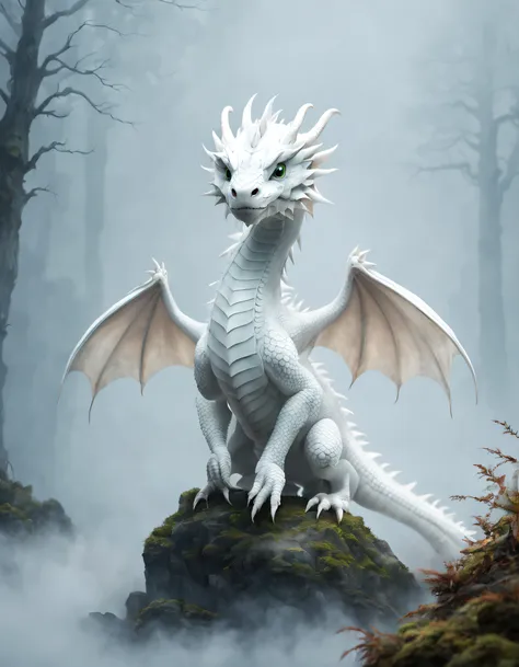 cute little white dragon in the fog