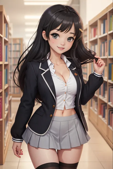 Yukino yukinoshita, long hair, cleavage, navel, slim legs, black hair, blue eyes,  short skirt, thigh high socks, , happy, school uniform, library, standing