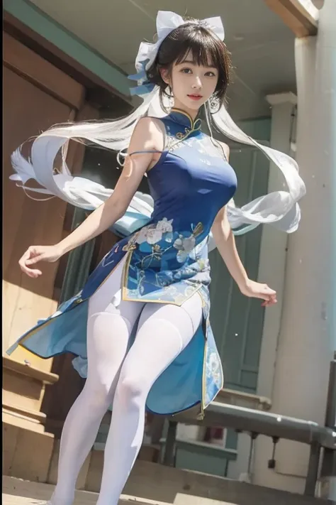 Blue cheongsam，Ball head，White ass pantyhose，White stockings，Thick white pantyhose，Thick white dancing socks，without wearing shoes，huge tit，Cocked buttocks，Super detail，hyper HD,A high resolution,1080p,Anatomically correct，ccurate，Physical coordination，Pho...