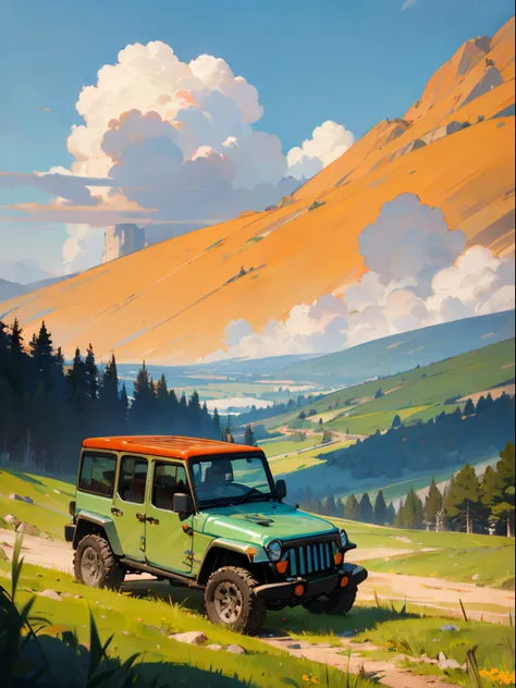 wide view (anime scene) (a jeep in mountains), valley, lush greenery, long grass, cloudy sky, no human, masterpiece, beautiful color palette, warm orangish tones, masterpiece, highly detailed